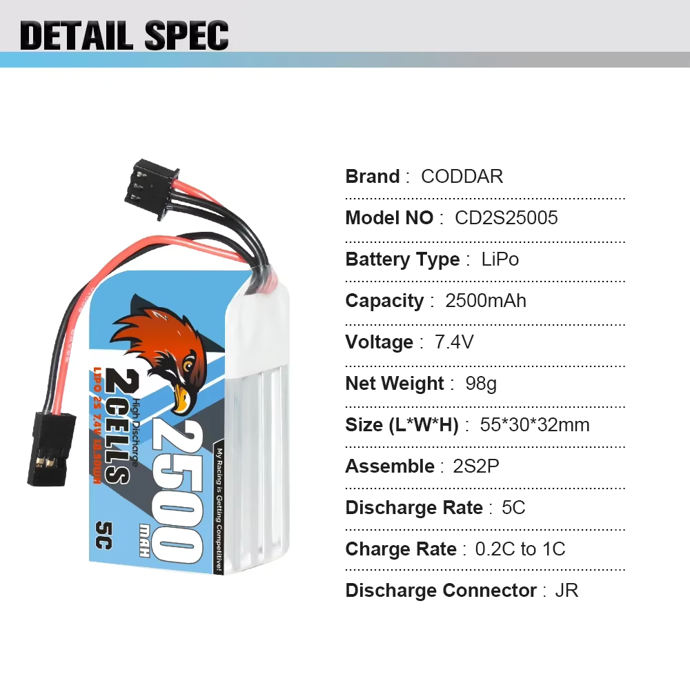 CODDAR 2500mAh 2S2P 7.4V 5C/10C Lipo Battery With JR Plug