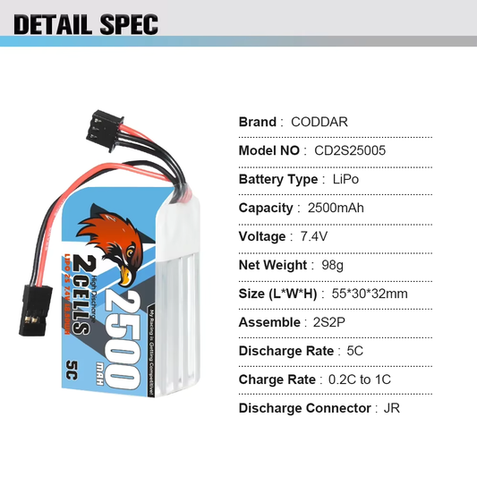 CODDAR 2500mAh 2S2P 7.4V 5C/10C Lipo Battery With JR Plug